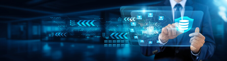 Businessman touching interface and data protection, security management framework, privacy control mechanisms, cyber risk assessment strategies, digital information governance, compliance assurance.