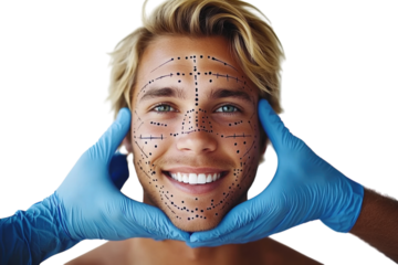 Blonde man smiling with cosmetic surgery lines on a plain white background. PNG transparent.