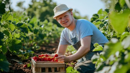 Man Harvesting Fresh Strawberries on a Sunny Day in the Countryside Agricultural Field
