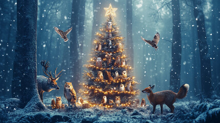 christmas tree with reindeer and animals