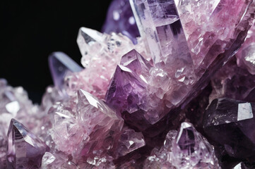 Creative jewelry concept made with dark purple gemstones and crystals. Rough diamond rock design with creative copy space.