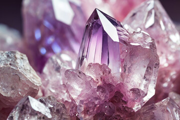 Creative jewelry concept made with vibrant pink and purple gemstones and crystals. Abstract diamond design.