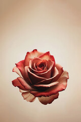 Close-up shot of a pastel red rose floating against bright beige background. Minimal valentine and love design.