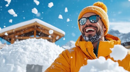 A man is happily enjoying the winter wonderland, throwing snow into the air while wearing a vibrant orange jacket and a cozy yellow hat near a wooden cabin under a clear blue sky