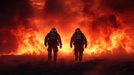 Fototapeta premium Two firefighters stride confidently into the fiery chaos at sunset, demonstrating courage and commitment while battling a significant blaze