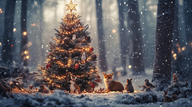 christmas tree with reindeer and animals
