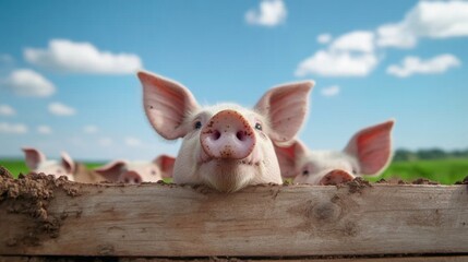 group of playful pigs is curiously looking over a wooden fence, enjoying the bright sunlight and fresh air on a peaceful farm surrounded by green fields and blue skies