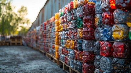 Fototapeta premium Plastic waste being sorted at a recycling facility, showcasing the importance of recycling in reducing environmental pollution and conserving resources