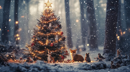 christmas tree with reindeer and animals