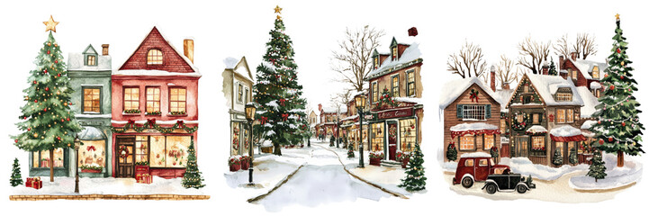 Fototapeta premium Festive Christmas Village Scene Snow Houses Trees Holiday Cheer