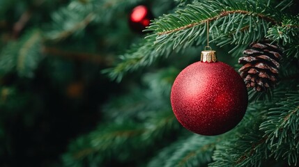 Fototapeta premium A vibrant red ornament glistens on the lush green branches of a Christmas tree, complemented by natural pinecones, creating a warm holiday atmosphere