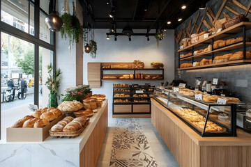 Discover the charming bakery filled with fresh bread and pastries on a bustling city street