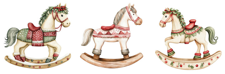 Rocking Horses Watercolor Illustration Holiday Decor Festive Toys
