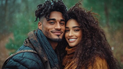 In a captivating winter forest, a couple shares joyful smiles and warmth during a snowy day, embracing the beauty of nature around them