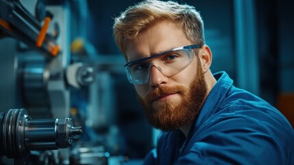 A young technician with a beard and safety glasses focuses intently on machinery in a well-lit workshop, showcasing expertise in a hands-on environment