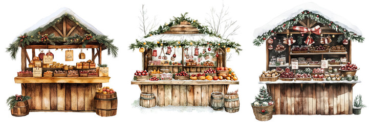Charming Christmas Market Stalls Watercolor Winter Fruit Gift Stands