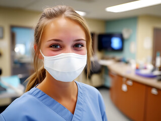 Smiling nurse in scrubs wearing a mask in hospital setting showcasing dedication and care in healthcare environment