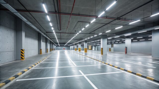 A parking lot with a lot of empty spaces, there are no cars parked in the lot