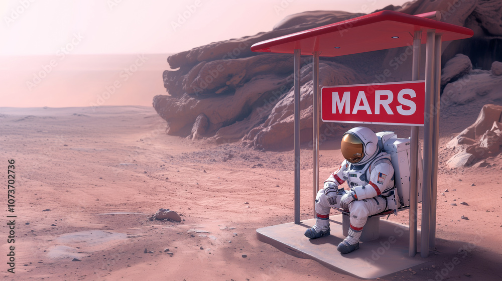 Wall mural astronaut waiting at a bus stop labeled mars on the red planet during a calm evening