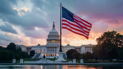 Naklejka premium A stunning view of the U.S. Capitol building with the American flag waving at sunset, symbolizing democracy and national pride. Ideal for political content, educational materials, and travel themes