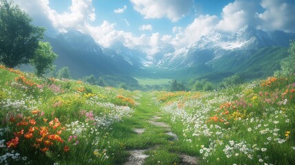 Ultra high dpi image, Buetiful Grass covered land with flowers on the sides and an open wide road leading to the abys, buetifull scenery, AI Generative