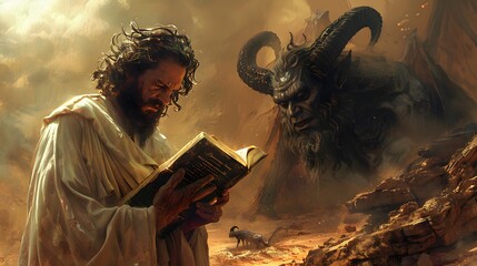 Jesus, with a resolute expression, holding the Bible open and pointing to a passage, as Satan cringes back, his form becoming smaller,