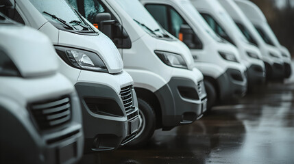 Fototapeta premium Fleet of white delivery vans parked in line on rainy day
