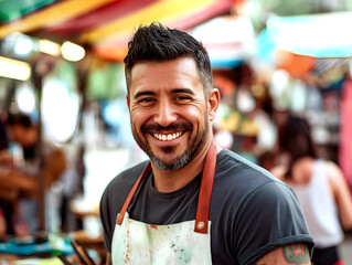 Smiling tattoo artist at outdoor market wearing apron showcasing creativity and artistic talent in a vibrant community setting