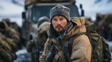 Fototapeta premium A man wearing a tan jacket and a beanie stands in front of a large vehicle in a snowy setting. He is wearing a backpack and looks straight into the camera.