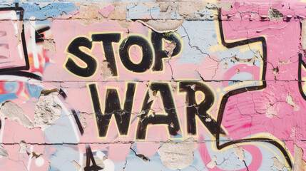 Graffiti mural with the words stop war on colorful wall background