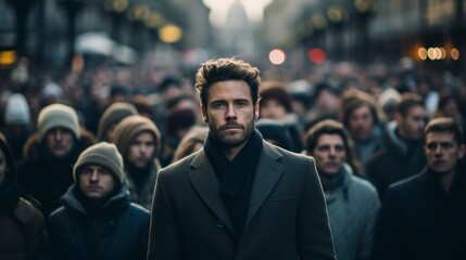  A man with a beard walks confidently through a crowded street, his face is the only one in focus, showing a determined expression.