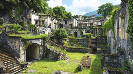 Fototapeta premium An abandoned, overgrown village featuring crumbling stone structures and staircases, enveloped by lush greenery and under a bright sky.