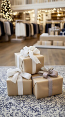 Christmas gifts on table in modern store with festive decorations, seasonal sale background