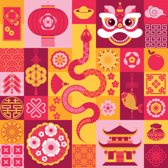 Geometric background with traditional symbols of Chinese New Year. Chinese pattern with icons of dragon, snake, lantern, fish, fan, house, money, lucky signs, ornament