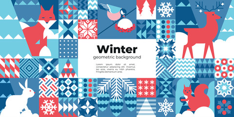 Winter abstract background with forest nature and geometric patterns. Winter backdrop with forest animals, bird, snowflakes, fir trees and graphic elements. Banner, flyer, invitation © Lina_vector