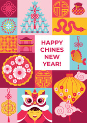 Fototapeta premium Abstract geometric background with traditional Chinese New Year symbols and decorations. Рoster, flyer, banner, invitation