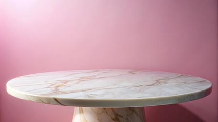 A round marble table with a gold frame sits on a pink wall