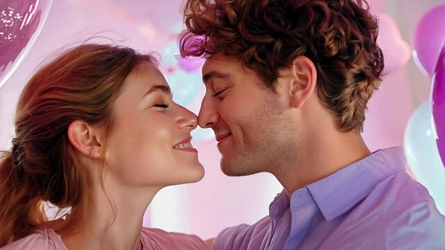Young couple shares a romantic moment, touching noses playfully under a colorful array of balloons, radiating joy and affection