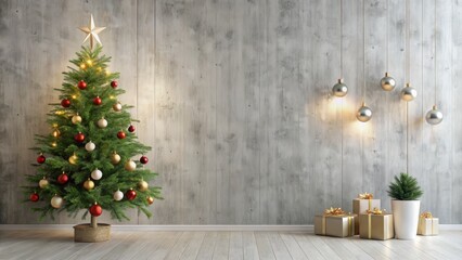 A white room with a Christmas tree and a potted plant