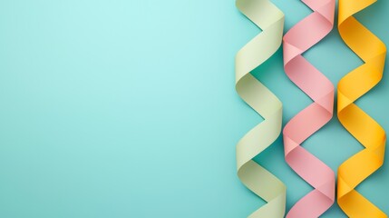 Colorful ribbons in soft pastel shades unwind across a light blue background, creating a festive and cheerful atmosphere.