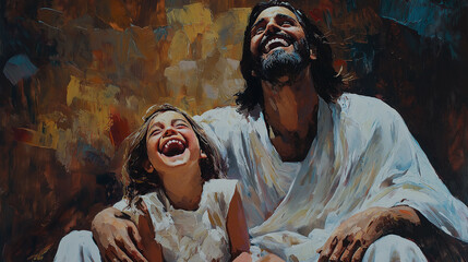 Jesus christ embracing and laughing with a little girl: a painting of unconditional love and joy