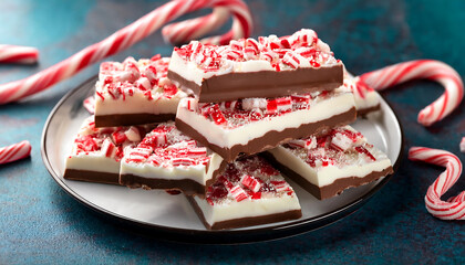  Dark and white chocolate layers on festive peppermint bark are topped with crushed candy ca_1(446)