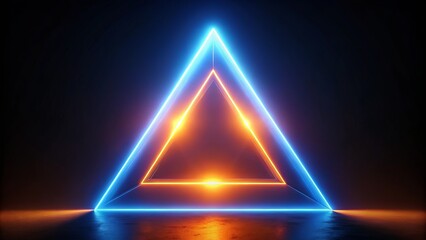 A neon blue and orange triangle is lit up in a dark room