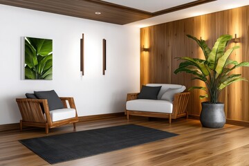 Fototapeta premium Contemporary Living Room Interior with Natural Elements, Wooden Accents, Elegant Lighting, and Green Plant, Creating a Serene and Inviting Atmosphere for Relaxation