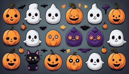 Obraz premium Cute set of Halloween icons features happy ghosts, bats, cats, witches, and other festive e_1(437)