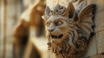 Gothic Gargoyle Lion Sculpture on Cathedral Facade - Medieval Architecture, Stone Art Detail
