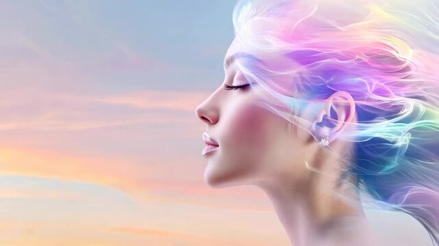 Woman with closed eyes surrounded by vibrant smoke inhaling deeply against a backdrop of a stunning sunset sky