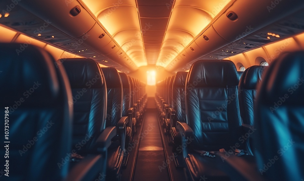 Poster empty airplane cabin with rows of seats and warm, ambient lighting, with a view of a sunrise or suns