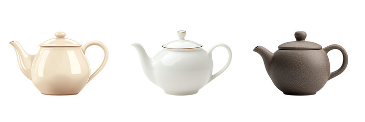Set of elegant teapots in pastel colors, arranged to showcase their design and functionality on a white isolate background. transparent background