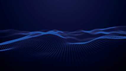 Futuristic point wave of particles. Visualization of sound waves. Dark background. Technology or science banner. Abstract digital 3D wave. Vector illustration.